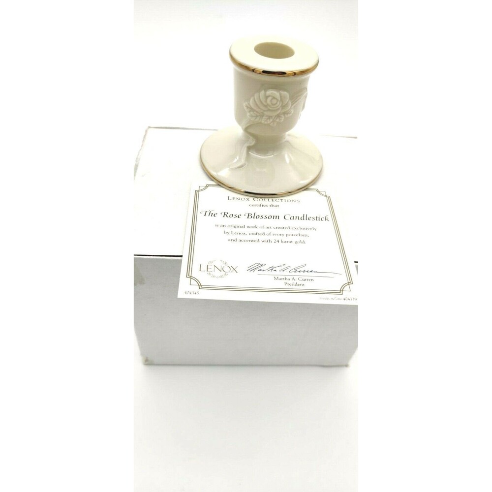 NOS Lenox Candlestick Holder The Rose Blossom 24k Gold Trim Ivory Porcelain 3"